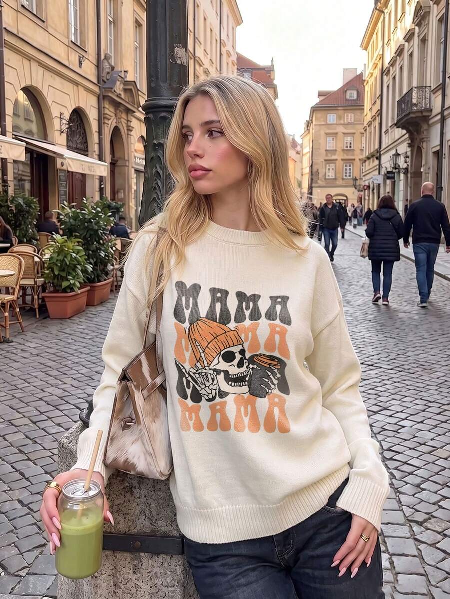 Women's Knitted Pullover Sweater, Ribbed Details, Long Sleeve Crew Neck, Autumn/Winter Mom Style Outfit Choice - Apricot - View 1