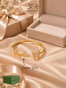 [ZzAi]1pc Birthstone + Name Customized Children's Bracelet, Exclusive Customization, Birthday Gift, Monthly Commemorative Gift, Meaningful Memorial Gift For Kids - Butterfly Bracelet - View 1