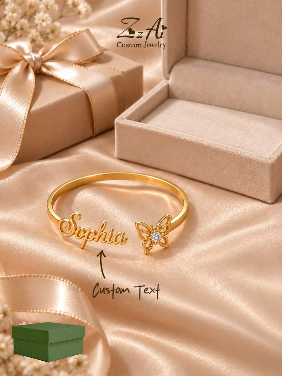 [ZzAi]1pc Birthstone + Name Customized Children's Bracelet, Exclusive Customization, Birthday Gift, Monthly Commemorative Gift, Meaningful Memorial Gift For Kids - Butterfly Bracelet - View 1