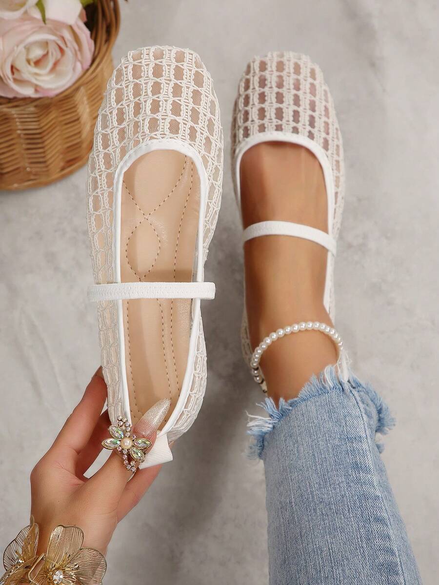 Square Toe Floral Lace Mesh Women's Flat Mary Jane Ballet Shoes, Fashionable, Comfortable, Breathable, Slip-On, Suitable For Casual/Work, Gentle And Elegant