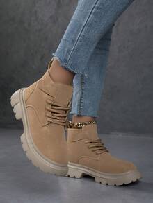 Sepatu Bot Wanita Gaya Jalanan Musim Gugur/Dingin, Bertali, Desain Bagian Atas Warna Polos, Sepatu Bot Kasual Setinggi Mata Kaki dengan Sol Tebal dan Model Rendah - Unta - View 4