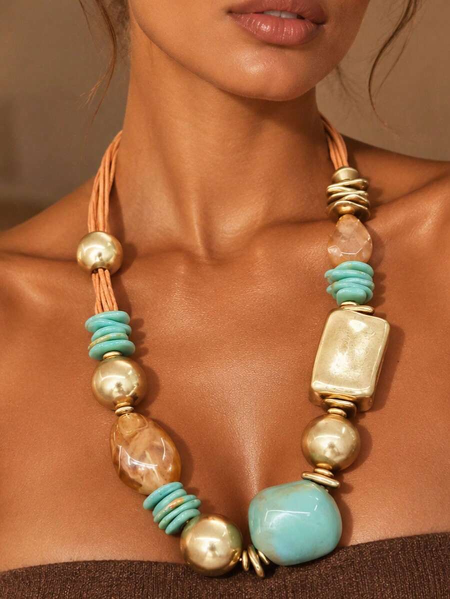 Women Bohemian Chunky Beaded Statement Necklace, Mixed Stone & Matte Gold Beads Design, Fashion Accessory For Party Banquet, Gift For Friends & Family - Multicolor - View 1