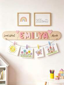 1pc Customized Name Wooden Art Display Stand, Personalized Artwork Display Rack With Rope And Clothespins, Painting Photo Display Board, Wall Decor, Birthday Gift For Boys And Girls, Customized Name Plate, Wooden Wall Decoration - Multicolor - View 6