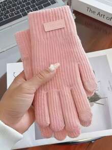 1 Pair Thick Ribbed Knit Touchscreen Gloves, Unisex Minimalist Leather Label Woolen Gloves, Autumn/Winter Outdoor Cycling Commuting Thick Warm Wrist Protection Finger-Separated Gloves - A - View 14