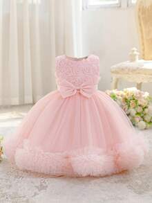 Baby Girls' 3D Rose Tulle Tank Princess Dress With Mesh Ruffle Design, Suitable For Flower Girl, Birthday Party, Performance And Other Occasions - Pink - View 10