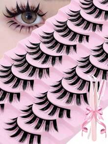 10 Pairs Cartoon Style False Eyelashes Set, Includes 1/5 Eyelash Brushes And 1 Eyelash Curler, Pointed Cat Eye Design, Natural Anime Look, Korean Style Single Cluster Fine False Eyelashes, Japanese Cosplay Exaggerated Dense Eyelash Extensions - Multicolor - View 6