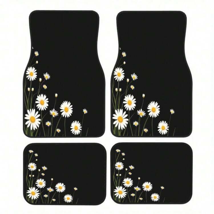 4pcs Car Floor Mats And Trunk Mat, Car Interior Floor Mat, Car Protection Mat, Polyester Material, Daisy Style, Suitable For Truck/Sedan/SUV - Daisy - View 3