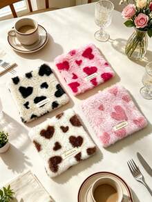 1pc Plush Heart‑Pattern Square Coasters, Cup Base Mats For Tabletop Decor, Soft Fabric Coffee Tray Pads For Tea & Mugs, Ideal For Coffee Table, Dining Table, Tablecloth Protection, Cute Home Table Ornaments For Dining Room & Household Desk Decor - Multicolor - View 4