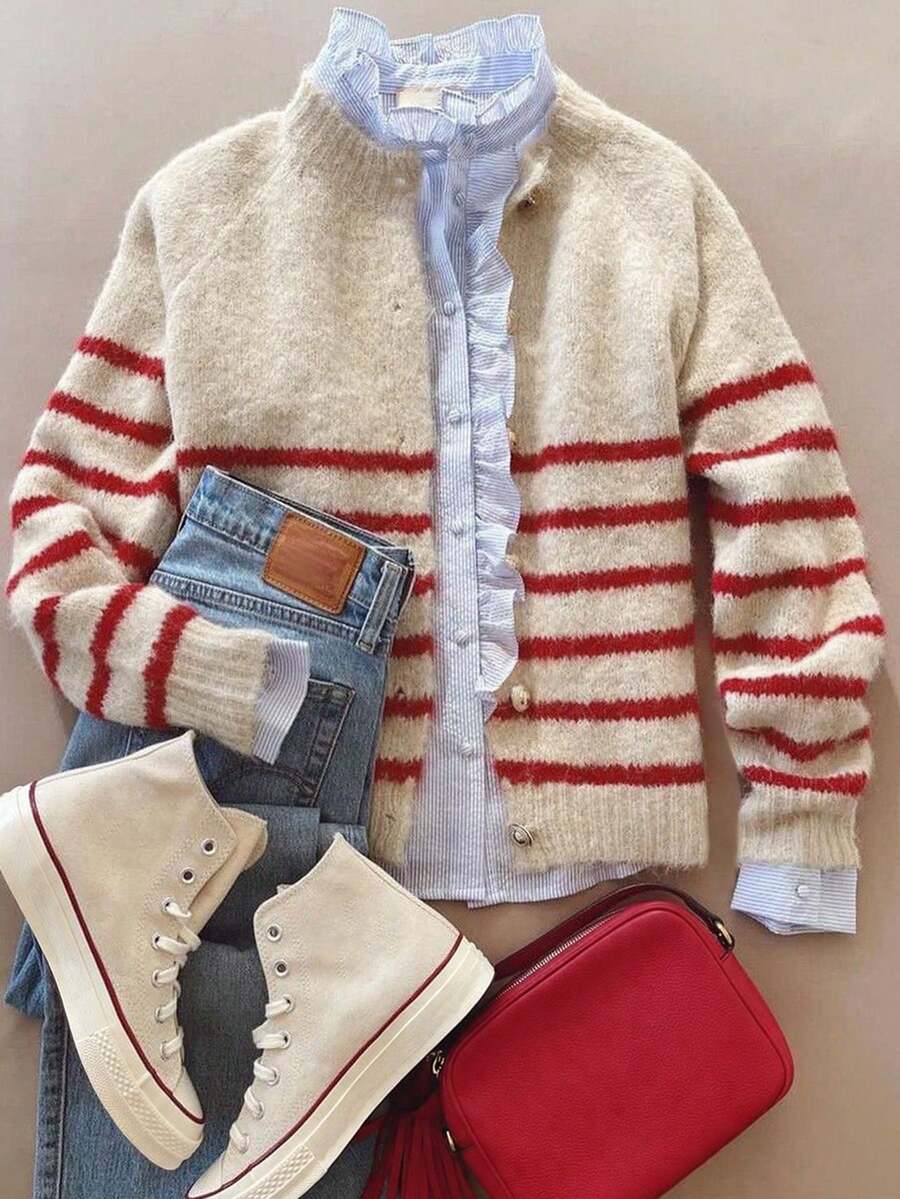 Third Introversion-Women's Knitted Striped Contrast Color Long Sleeve Cardigan Sweater, Medium Stretch Regular Fit Round Neck Knit Top, Suitable For Autumn/Winter Wear - Multicolor - View 1