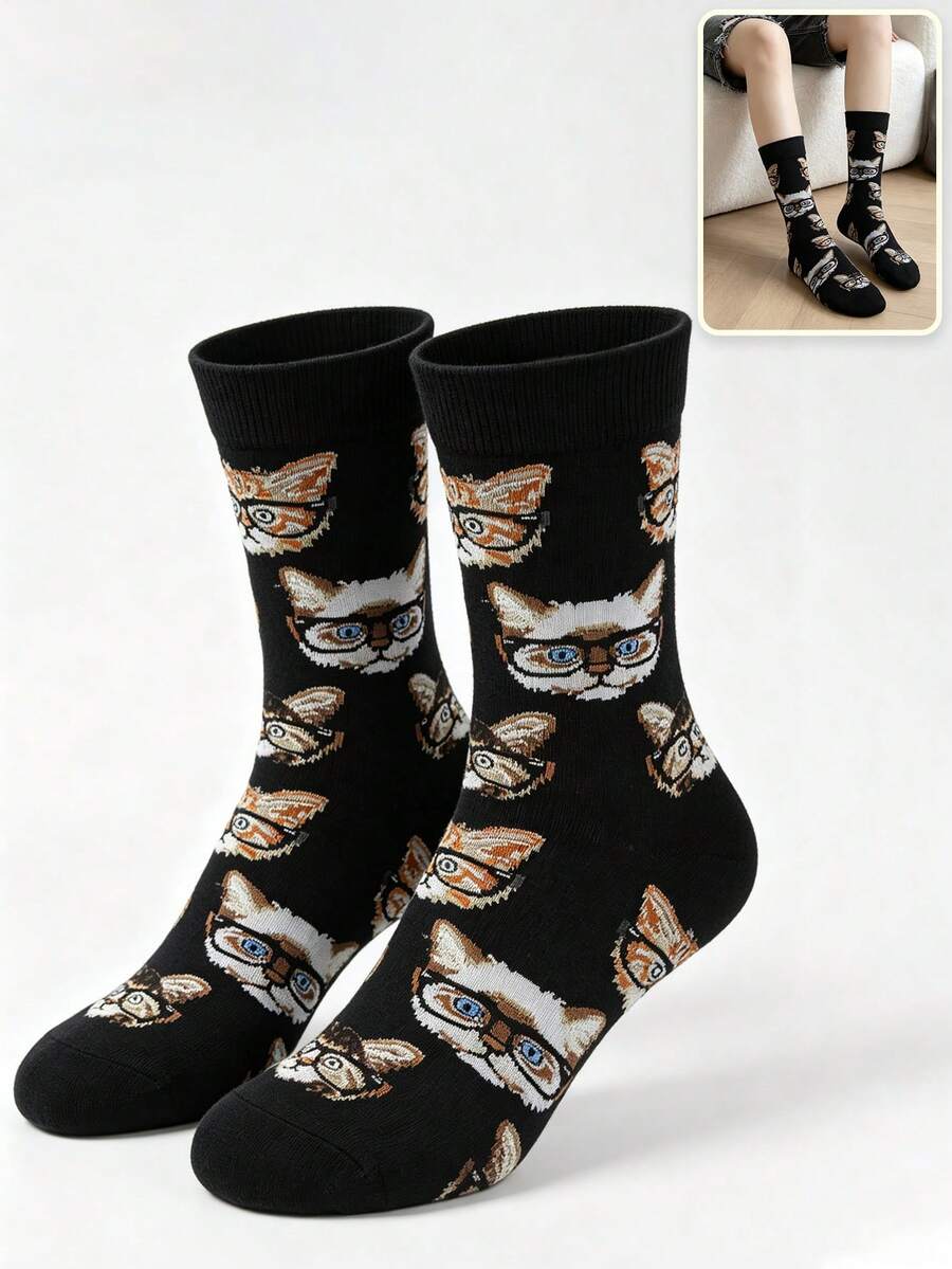 1 Pair Black Bottom Cat Glasses All-Over Print Women's Mid-Calf Socks, Vintage Fun Cartoon Animal Pattern Versatile Casual Mid-Calf Socks - Multicolor - View 1