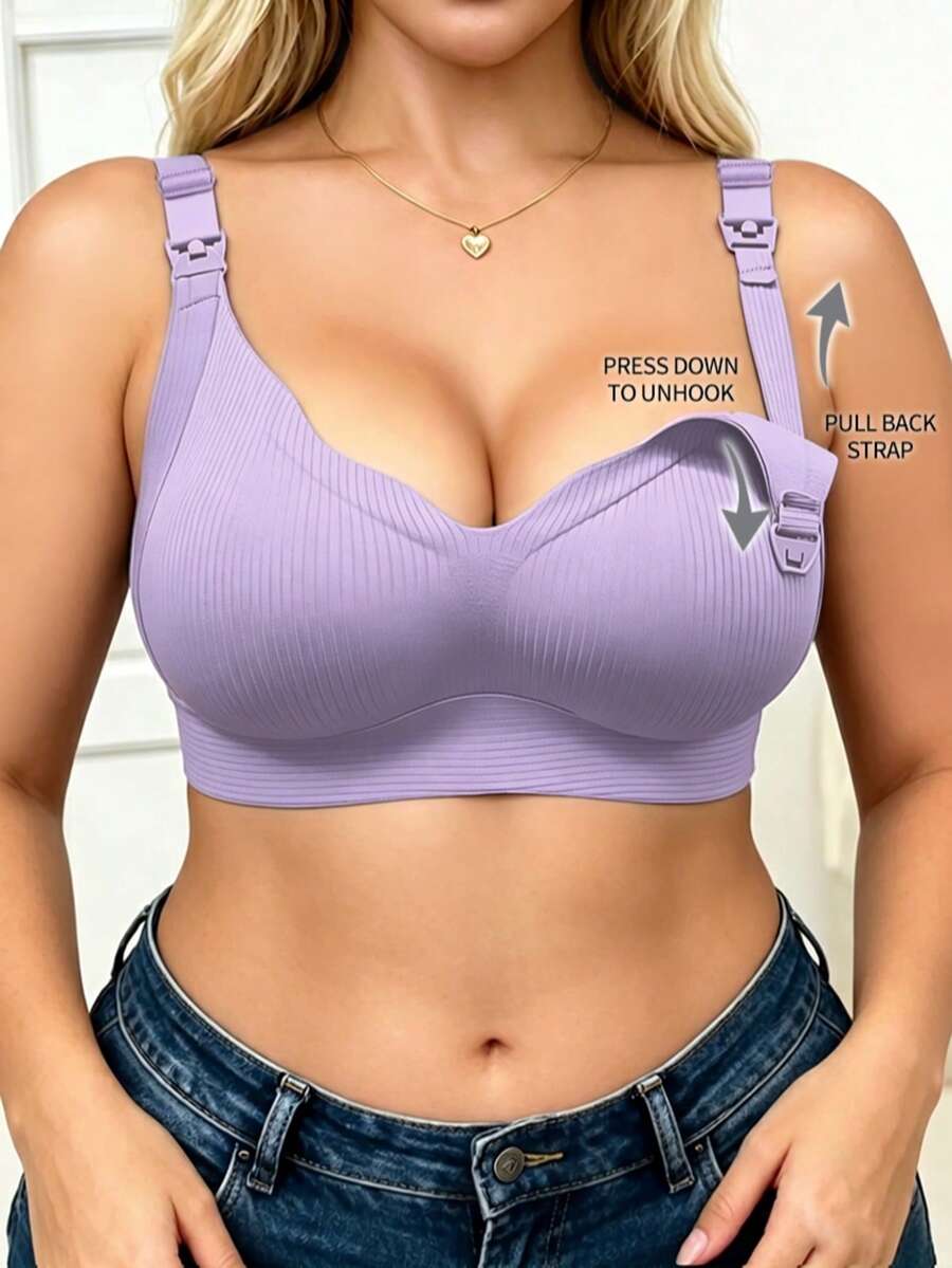 女款大尺碼哺乳內衣,可調節肩帶、單手操作開扣夾與4排背扣,舒適無鋼圈孕婦哺乳內衣 - 紫色 - 查看 1