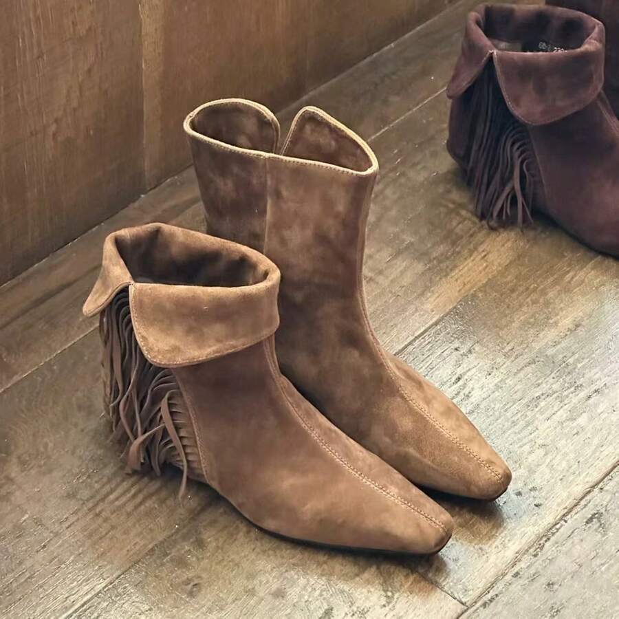 Women's Slim Ankle Boots, Versatile Retro Square Toe Mid Heel Boots, Autumn/Winter Tassel Western Style Buckle Boots For Holiday - Brown - View 1