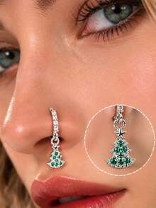 1pc Sweet Niche Design Green Rhinestone Christmas Tree Nose Stud Piercing Jewelry, Exquisite Gift For Holiday Party And Christmas Wear - Multicolor - View 3