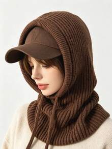 OBOVAY 1pc/2pcs Women's Drawstring Faux Collar Wool Balaclava Hat, Outdoor Skiing Warm Knitted Face & Neck Protection Mask Hood, Warm Small Cape Hood, Suitable For Winter Cold Protection - Coffee Brown - View 16