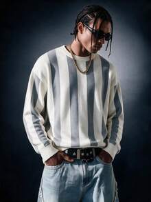 SU ER 1 pieza Top de punto a rayas casual para hombre otoño/invierno - Gris Claro - Ver 1