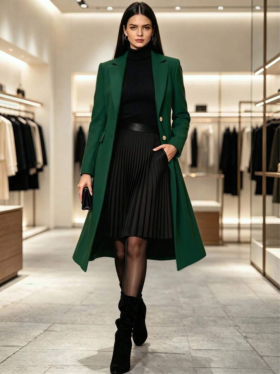 Mid-Length Blazer Jacket, Women's Fitted Lapel Long Sleeve Coat, Commuting Elegant Slimming Spring/Summer - Dark Green - View 1
