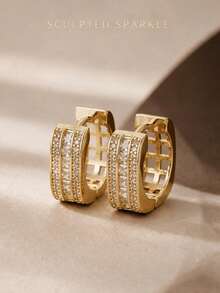 CHICAT 1 Pair Women's Hoop Earrings, Featuring Three-Row Geometric Hollow Mesh Design, Inlaid With Rectangular Cut And Pave Round Cubic Zirconia, An Eye-Catching Piece, An Ideal Gift Choice - Gold - View 1
