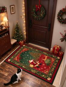 1pc Christmas Classic Floral Frame Santa Claus Doormat, Kitchen Rug, Kitchen Mat, Door Mat, Runner Rug, Area Rug, Christmas Carpet, Hallway Mat, Bedroom Mat - Multicolor - View 3