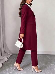 Women's Spring/Autumn Elegant Commute 2 Pieces Set, Long Waist-Cinching Vintage British Design Faux Pocket Button Detail Blazer Coat Paired With Simple Casual Straight-Leg Long Pants - Wine Red 18 - View 6