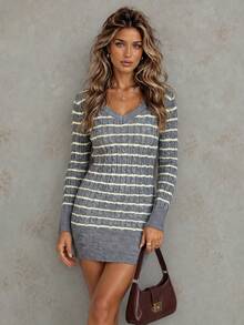 Women's Colorblock V-Neck Long Sleeve Dress, Autumn/Winter - Grey - View 1