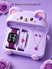 5Pcs/Set Children's Purple Square Electronic Watch With Heart Element Bracelet, Necklace, Earrings, Perfect For Student Party, Gathering, Birthday Wear, Calendar Pattern Display Fashionable And Versatile, Ideal Gift For Girls On Christmas, Halloween, Thanksgiving And Other Holidays (Gift Box Not Included) - Multicolor - View 7