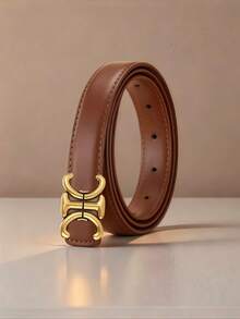 Elegant Ladies Waistband, Chic Vintage Gold Double C Shape Alloy Buckle, Solid Color Adjustable Belt For Casual And Commute Wear - Multicolor - View 7
