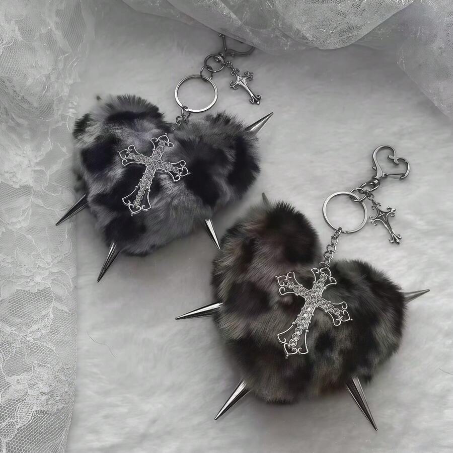 Gothic Spiked Heart Plush Keychain, Vintage Cross Bag Charm, Y2K Punk Bag Accessory, Fashion Accessory, Gift For Women And Girls - Multicolor - View 1