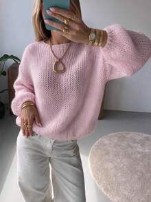 Atasan Rajut Tipis Gaya Korea Awal Musim Gugur GLAMMY, Atasan Rajut Sedikit Transparan, Leher Perahu Jala Berongga Longgar Lengan Lentera Off-Shoulder, Sweater Penutup, Pakaian Kencan Nuansa Liburan yang Lembut, Desain Berongga Bergaris Warna Solid untuk Lapisan Dalam Kamisol, Pakaian Rumah dan Sehari-hari - Berwarna merah muda - View 6