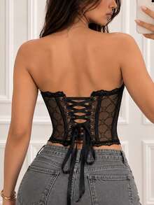 Vintage Bustier Corset Tops Splicing Lace Crop Tube Top Tie Back Backless Boned Shapewear For Women Going Out Halloween Costumes Rave Partywear - Black - View 2