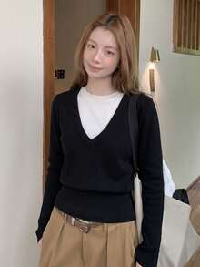 Korean Style Casual 2 In 1 Patchwork V-Neck Long Sleeve Top, Women's Autumn/Winter Cinched Cinched Waist Contrast Color Knit Base Layer - Black and White Splicing - View 5