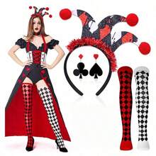 5pcs Halloween Poker Clown Accessory Set Red & Black Plaid Long Socks Clown Pointed Headband Playing Cards - Multicolor - View 1