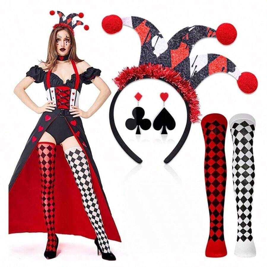 5pcs Halloween Poker Clown Accessory Set Red & Black Plaid Long Socks Clown Pointed Headband Playing Cards - Multicolor - View 1