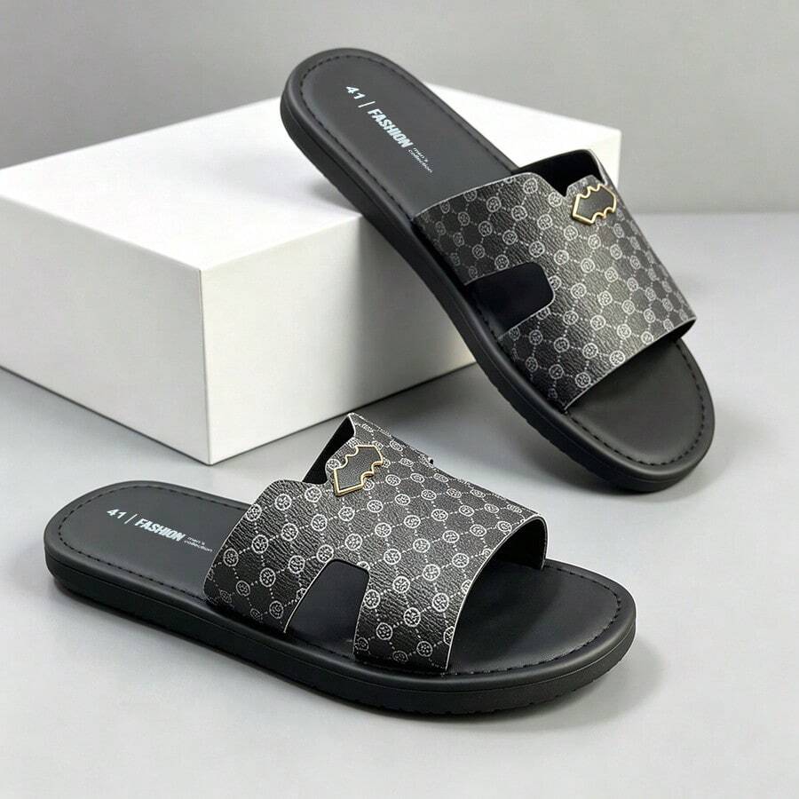 Men's Vintage Floral Print With Gold Metal Bat Decor Hollow Single Strap Slide Sandals, Open Toe Flat Slippers, Piped Stitching Non-Slip Sole, Suitable For Spring/Summer Business Office Commute Casual Daily Outdoor Wear