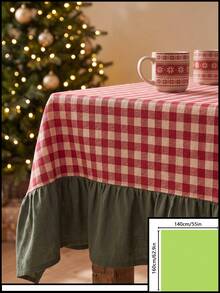 1pc Red And White Plaid Patchwork Green Hem Tablecloth, Country Pastoral Style Fabric Material, Rectangular Red And White Plaid Tabletop With Green Ruffle Edge Hem Patchwork Decoration, Beautify And Protect Tabletop Function, Holiday Dining Tablecloth Suitable For Christmas And Winter Holiday Home Decor Scenes - Green - View 18