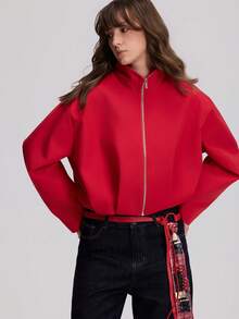 Women's Autumn/Winter Long Sleeve Stand Collar Zipper Flight Jacket - Red - View 5