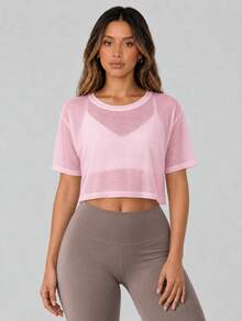 Never me Women's Breathable Sports Top, Semi-Sheer Loose Design, Flattering Fit, Short Sleeve T-Shirt, Suitable For Pilates, Yoga And Cycling - Pink - View 1