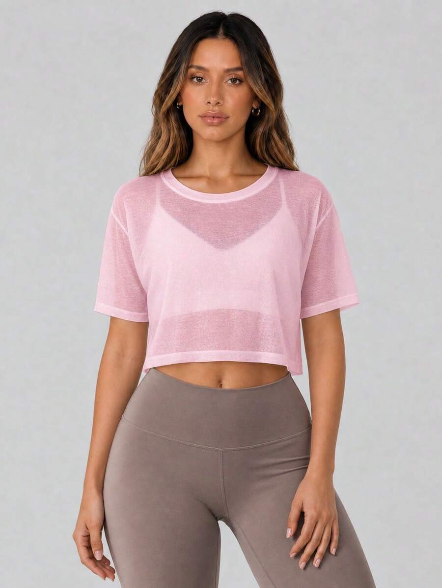 Never me Women's Breathable Sports Top, Semi-Sheer Loose Design, Flattering Fit, Short Sleeve T-Shirt, Suitable For Pilates, Yoga And Cycling - Pink - View 1
