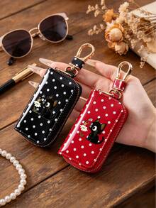 Cute Polka‑Dot Black Cat Print Car Key Case,Glossy PU Leather Zipper Key Holder Pouch With Hook,Portable Mini Key Wallet,Organizer Bag, Gift For Girls - Multicolor - View 1
