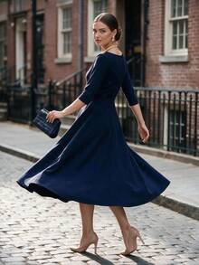 Women Boat Neck Dress 3/4 Sleeve A Line Flared Hem Elegant Apparel For Fall Winter Daily Commuting Going Out Dating - Royal Blue - View 6