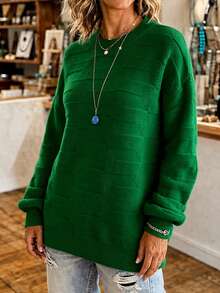 NZZOF Solid Color Crew Neck Long Sleeve Minimalist Pullover Sweater - Green - View 4
