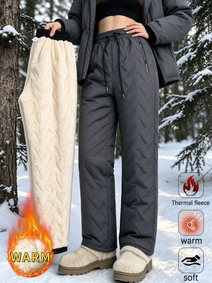 Women's Warm Thick Woven Fabric Straight Leg Quilted Long Pants For Winter - Grey - View 1