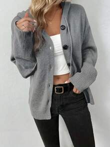 Women's Long Sleeve Single-Breasted Casual Solid Color Drawstring Hooded Cardigan Fall - Grey - View 1