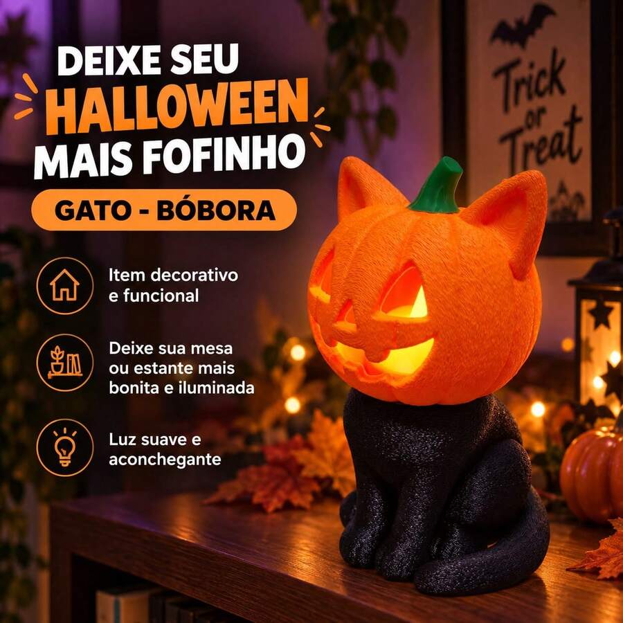 Porta-Vela Led Decoração Hallowen Gato Abóbora. - 1PC - Visão 1