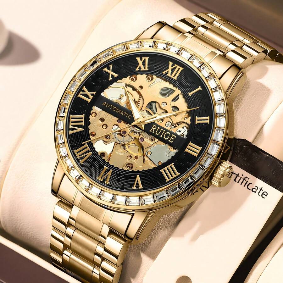 RUIGE Double-Sided Hollow Men's Automatic Watch, Stainless Steel Band Mechanical Movement Men's Version, Luxury Business Fashion Watch