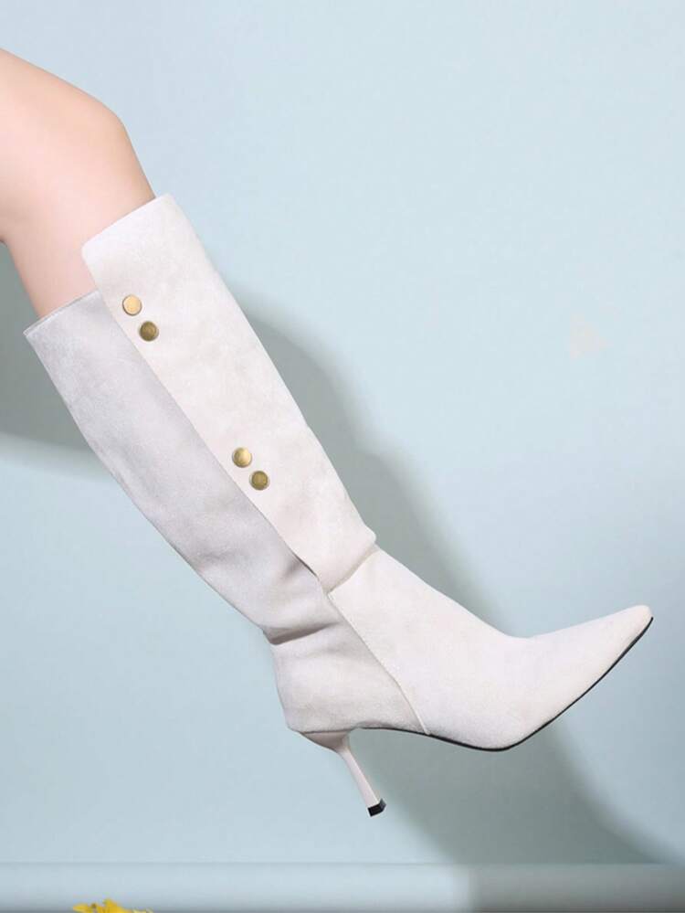 Women's Pointed Toe Stiletto High Heel Slouchy Long Boots, Suede Slim Fit Tall Boots, Western Style Side Zipper Riding Boots, 2026 Autumn/Winter Holiday - White - View 5