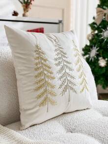 1pc Beige Christmas Tree Embroidered Pillow Case, Suitable For Indoor Decoration, Christmas Decoration, All-Season Pillow Case, Without Insert - Beige - View 6