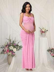 JustVH Gaun Maxi Hamil Model Duyung Tanpa Lengan dengan Lipatan Jala dan Detail Draping, Cocok untuk Pemotretan Baptisan Bayi - Berwarna merah muda - View 4