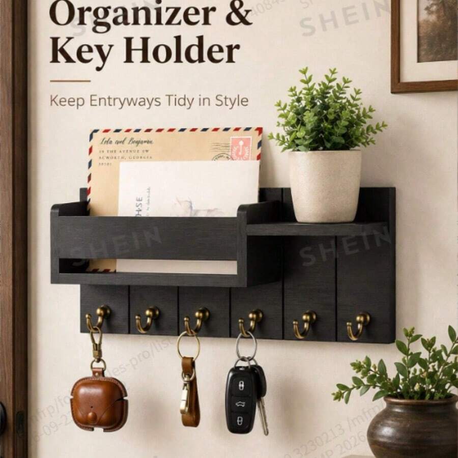 Wooden Wall-Mounted Key Rack, Rustic Decor Key Chain, Mail Organizer With 6 Hooks - Wall-Mounted File Storage Rack, Farmhouse Style Home Entryway Aesthetic Essential, Suitable For Entryway And Living Room Decor - Multicolor - View 1