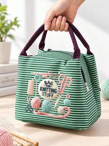 Handbag With Yarn, Scissors And Knitting Needles Print, Suitable For Storing Sewing Tools, Cosmetics And Small Personal Items. Multiple Fresh Striped Color Options, Suitable For Handmade Enthusiasts And Commuters, Artistic Handmade Healing Style, Perfect As A Practical Creative Gift For Girls Who Love Knitting And Sewing - Multicolor - View 3