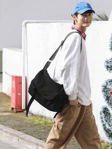 Crossbody Bag, Flap Design With Buckle And Webbing Decoration, Adjustable Shoulder Strap, Thick And Durable Fabric. Spacious Interior For Books, Tablets And Other Personal Items, One Shoulder Crossbody Carrying, Casual And Relaxed Style, Suitable For Daily Outings. - Black - View 2